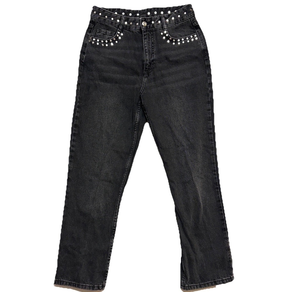 Zara Studded High Waisted Straight Leg Jeans Black Denim Size 6 US 28